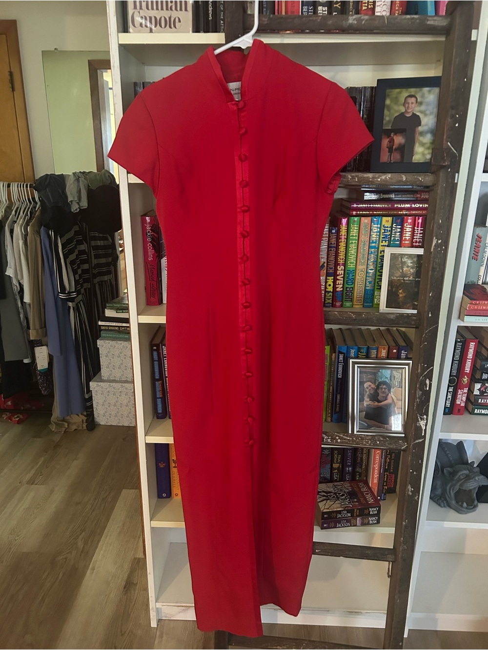 Evan Picone Vibrant Red Mandarin-Collar Maxi Dress